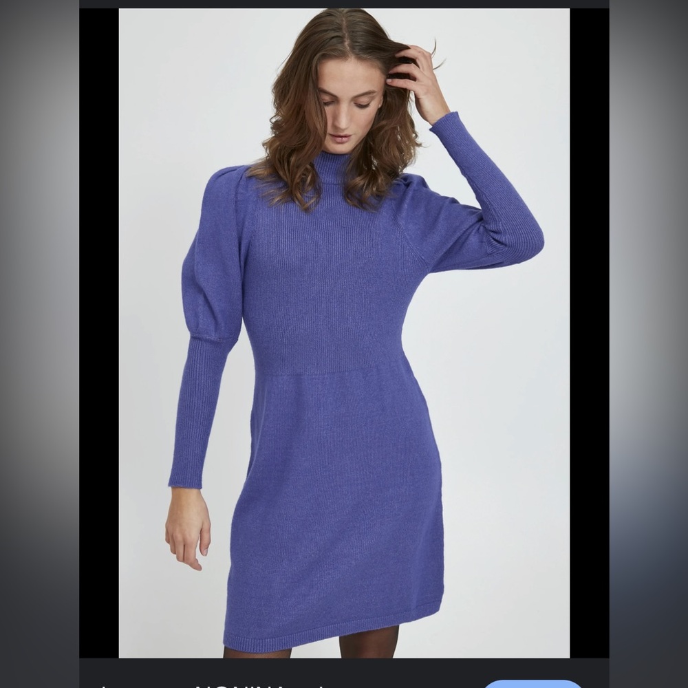 B.Young Nonina Jumper Dress in Fuchsia Red, Mock Neck, Puff Sleeve, Size S